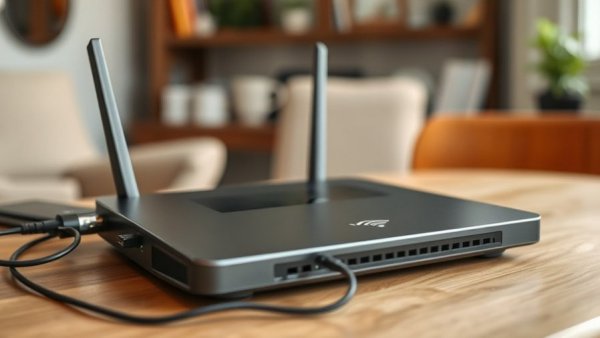 Modern multi-gig home networks router on a wooden desk.