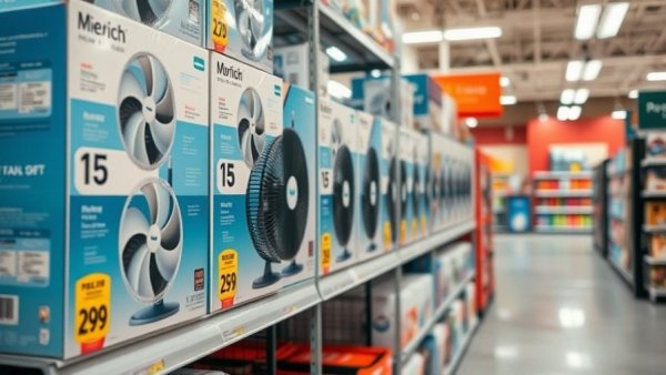 Boxed fans on retail shelf for HVAC Maintenance for Summer.