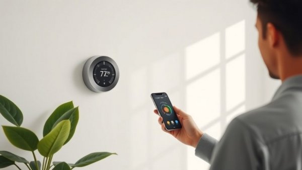 Person using smartphone to adjust smart thermostat in modern setting.