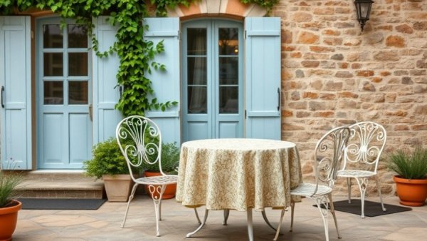 Charming patio furniture at a rustic home during Memorial Day Home Sales.