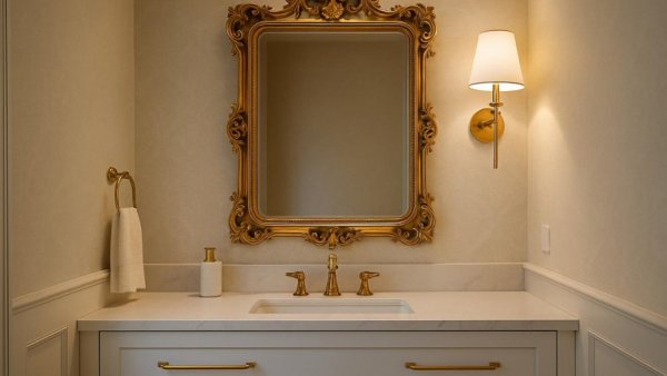 Elegant bathroom with golden mirror in remodeling project, Houston TX.