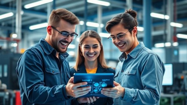 Young professionals optimizing processes on screen in modern factory.