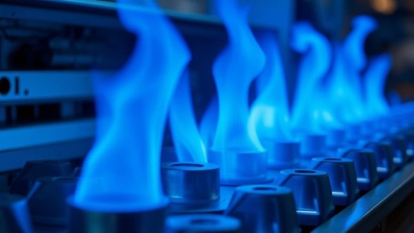 Close-up of furnace burners with blue flames, highlighting furnace rule delay.