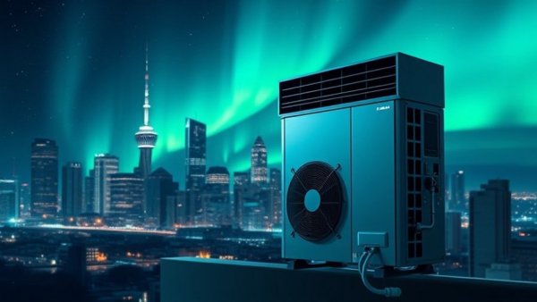 Advanced commercial heat pump unit with cityscape background