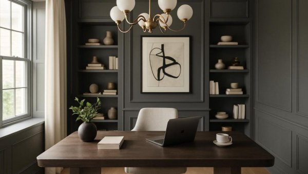 2023 home office design with dark wood desk and modern decor.