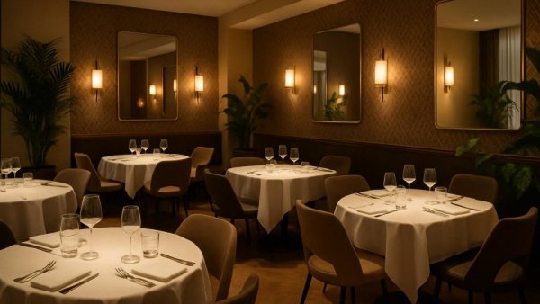 Chic Los Cabos restaurant, elegant dining setup.