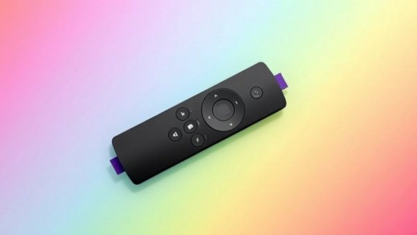 Roku remote on a colorful gradient background, highlighting free channels