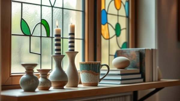Stylish shelf with decor and stained glass window for Summer 2026 Home Design Trends.