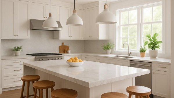 Modern kitchen remodeled by Houston contractors, featuring a marble island.