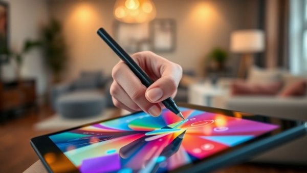 Close-up of a hand drawing on a colorful tablet screen, E Ink displays evolution concept.