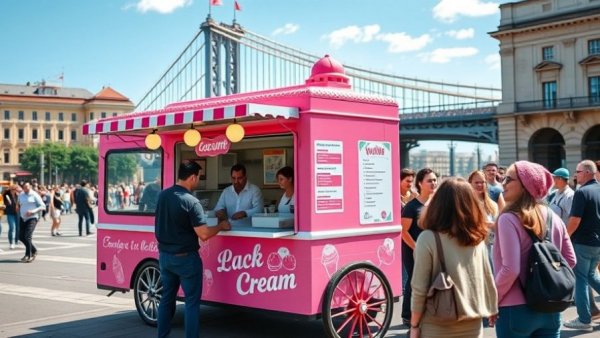Pink ice cream truck serving customers in sunny city square.