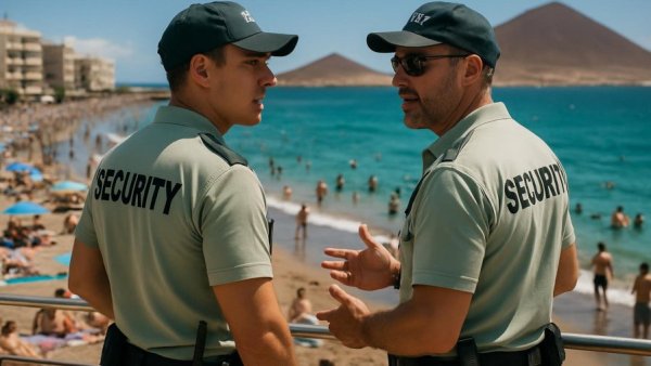 Cabo San Lucas security at El Médano beach with vigilant personnel.