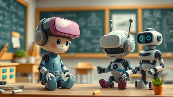 Cute clay-style figures demonstrating AI and VR in a playful classroom setting.