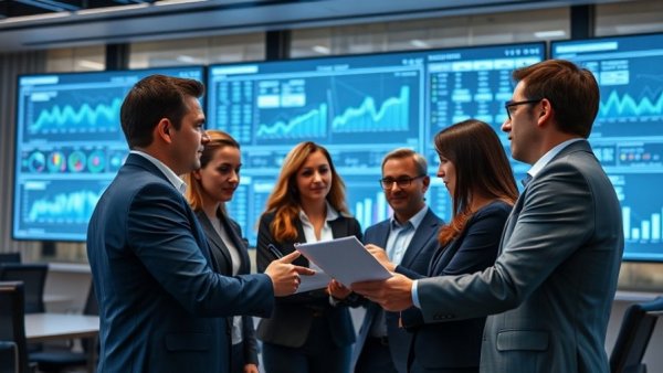 Business team in conference room analyzing real-time call data