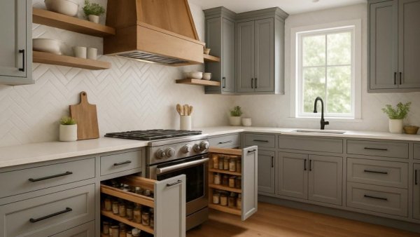 Modern farmhouse kitchen remodeling with grey cabinets and spice rack.
