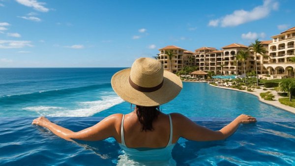 Woman relaxing in an infinity pool with ocean and Cabo resort in view.