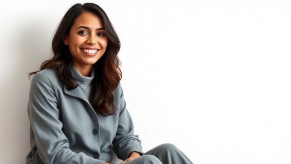 Smiling woman in grey relaxing, Mind the Skin eczema patches concept.