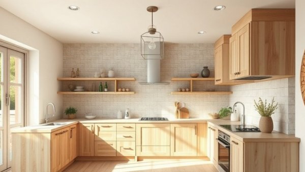 Rustic kitchen with light wood cabinetry in Béziers renovation