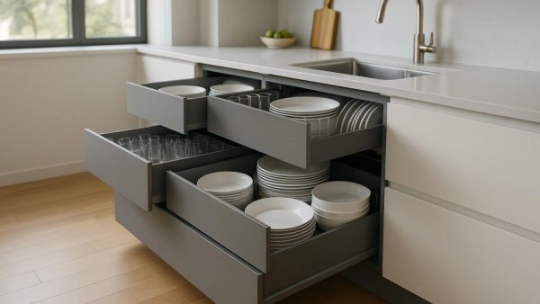 Modern kitchen with pull-out drawers for dishware, well-organized.