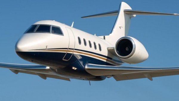 Modern semi-private jet during flight against clear blue sky.