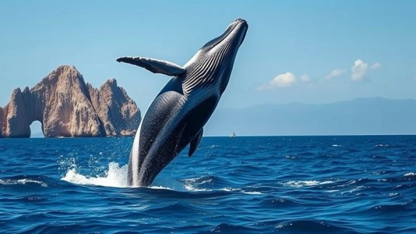 Breaching whale in Cabo San Lucas ocean with rocky background.