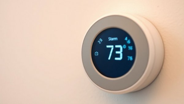 Digital thermostat set at 73 degrees to cut summer energy costs.