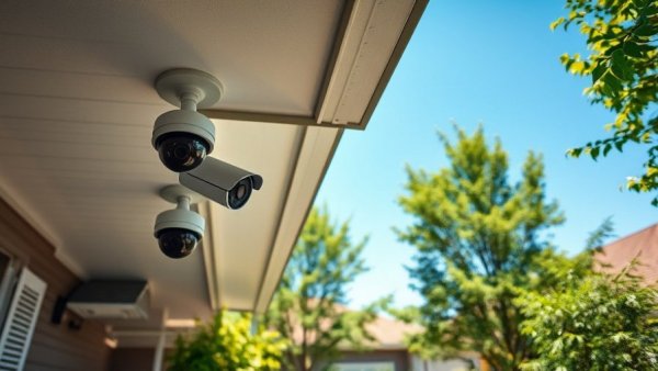 Security cameras under eave, demonstrating how to install a security system.