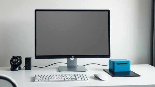Tiny blue storage box on desk with computer and keyboard; mini household items.