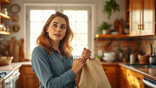 Woman with reusable bag in kitchen, related to microplastics in human health.