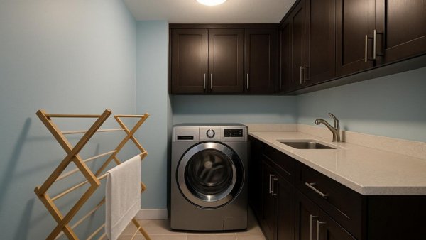 Transitional laundry room design with foldable drying rack and modern washer.
