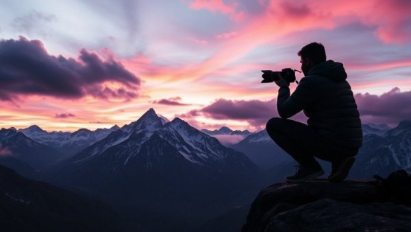 Silhouetted man photographing mountains at sunset, vibrant sky.