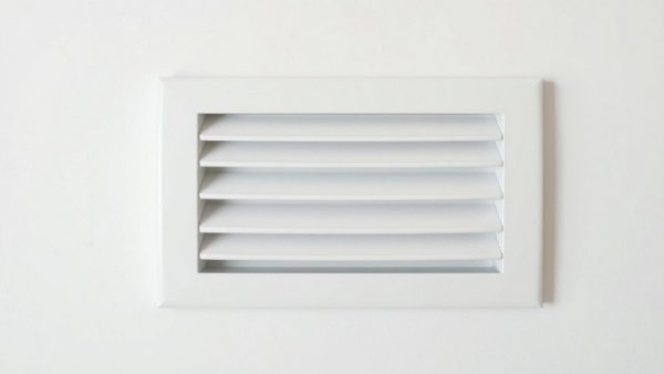 White air vent in closed position on a neutral wall in a simple modern setting.