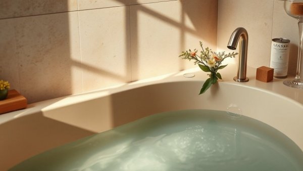 Minimalist bathtub with flowers and wine for weekend home comfort.