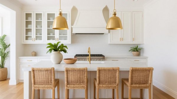 Bright coastal kitchen design with woven chairs and pendant lights.