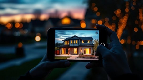 Smartphone controls modern home security at twilight.