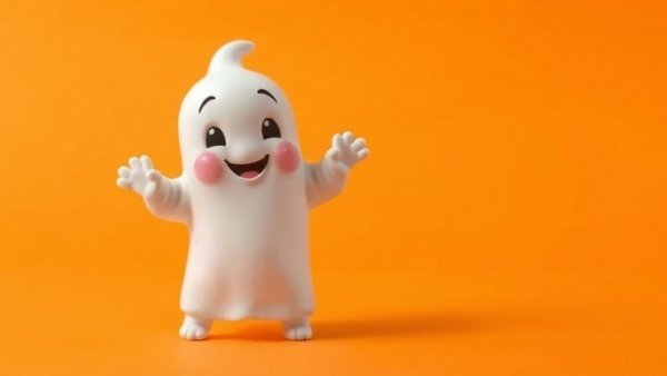 Cute ghost figurine on orange backdrop, Ghost Angels fund theme.