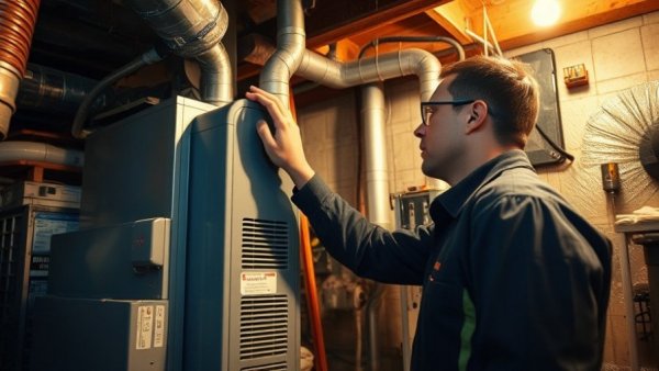 Technician inspecting HVAC system in dimly lit basement.