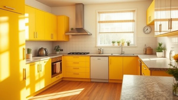Bright kitchen with vibrant yellow cabinets and natural lighting.