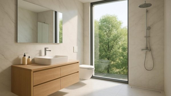 Modern bathroom remodeling Houston TX with marble and wood design.