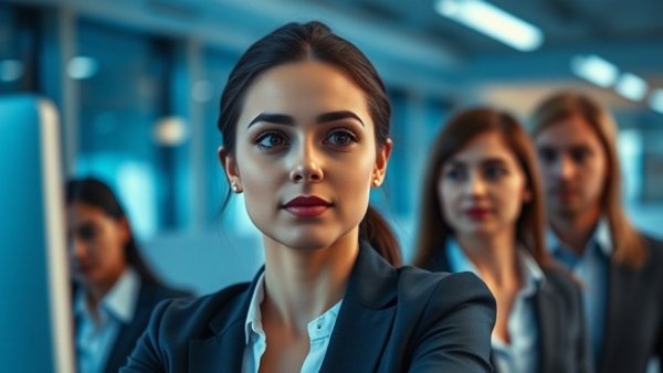 Young woman leading business team in modern office, women's leadership in business.