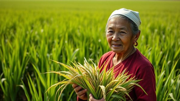 Elderly woman holding rice in a lush field, highlighting Africa's sourcing potential.