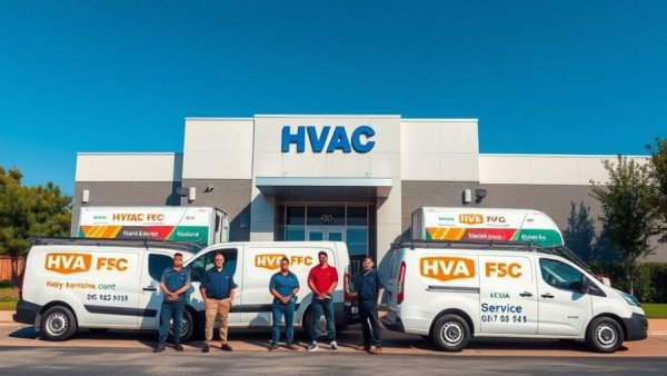 HVAC professionals and vans showing teamwork outside company building.