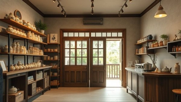 Vintage Taiwanese tea room design with rustic wooden shelves and cozy ambiance.