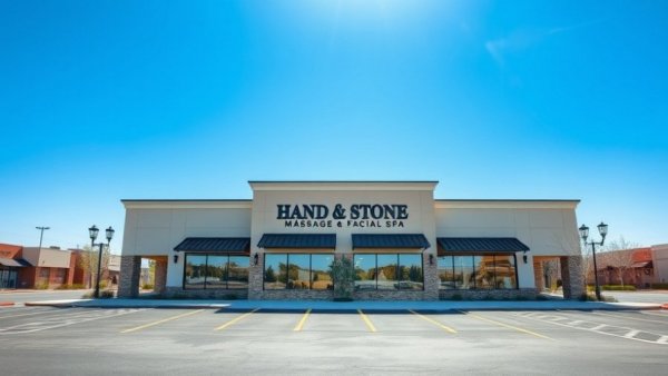 Hand & Stone Massage and Facial Spa storefront under blue sky.