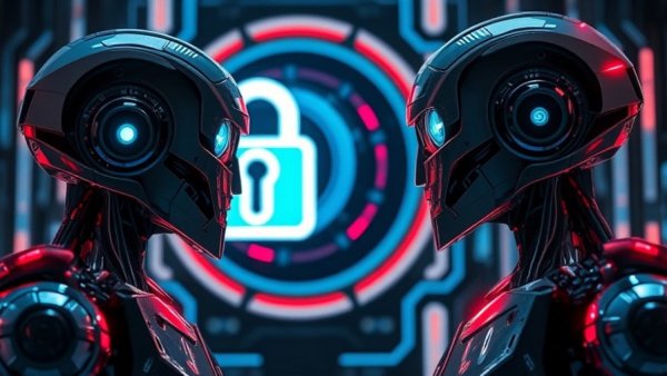 Futuristic robots emphasizing smart home security risks in a digital space.