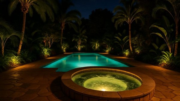 Suwanee Outdoor Retreat featuring illuminated pool and hot tub.