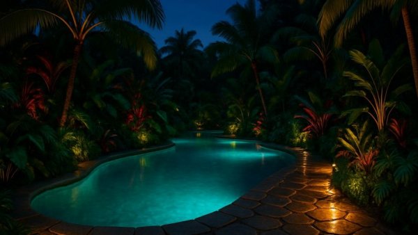 Tropical pool design in Houston with vibrant night lighting and lush greenery.