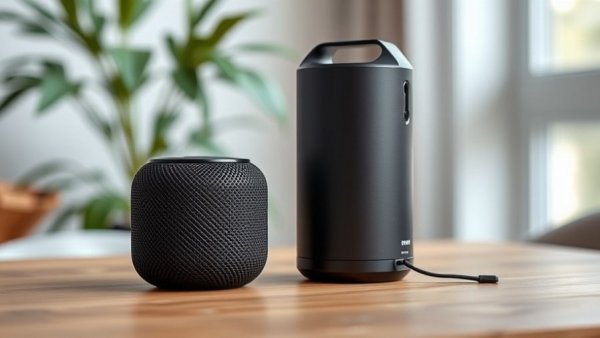 Comparing Bluetooth speakers on a wooden table with plant backdrop.