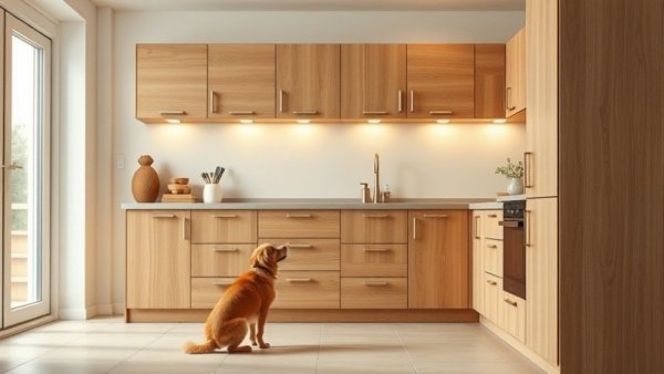 Modern freestanding cabinetry with dog in kitchen