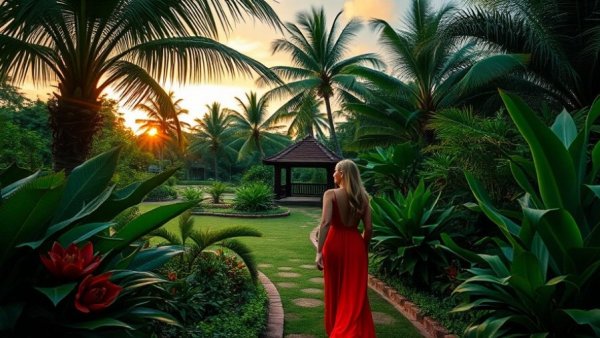 Tropical paradise with a woman exploring a garden at sunset, ideal for digital nomads.